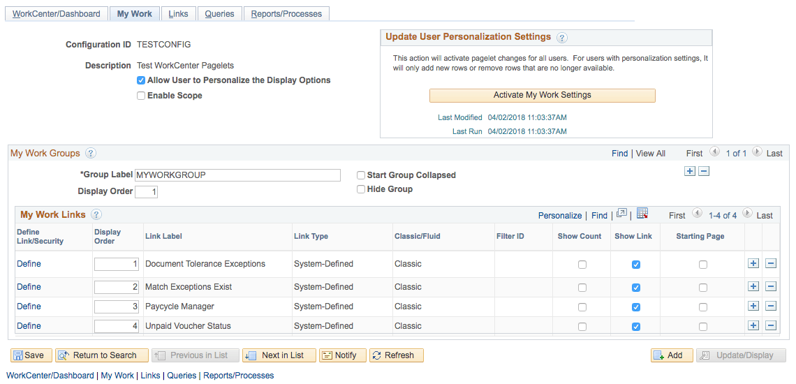 Configure WorkCenter My Work Pagelet in PeopleSoft